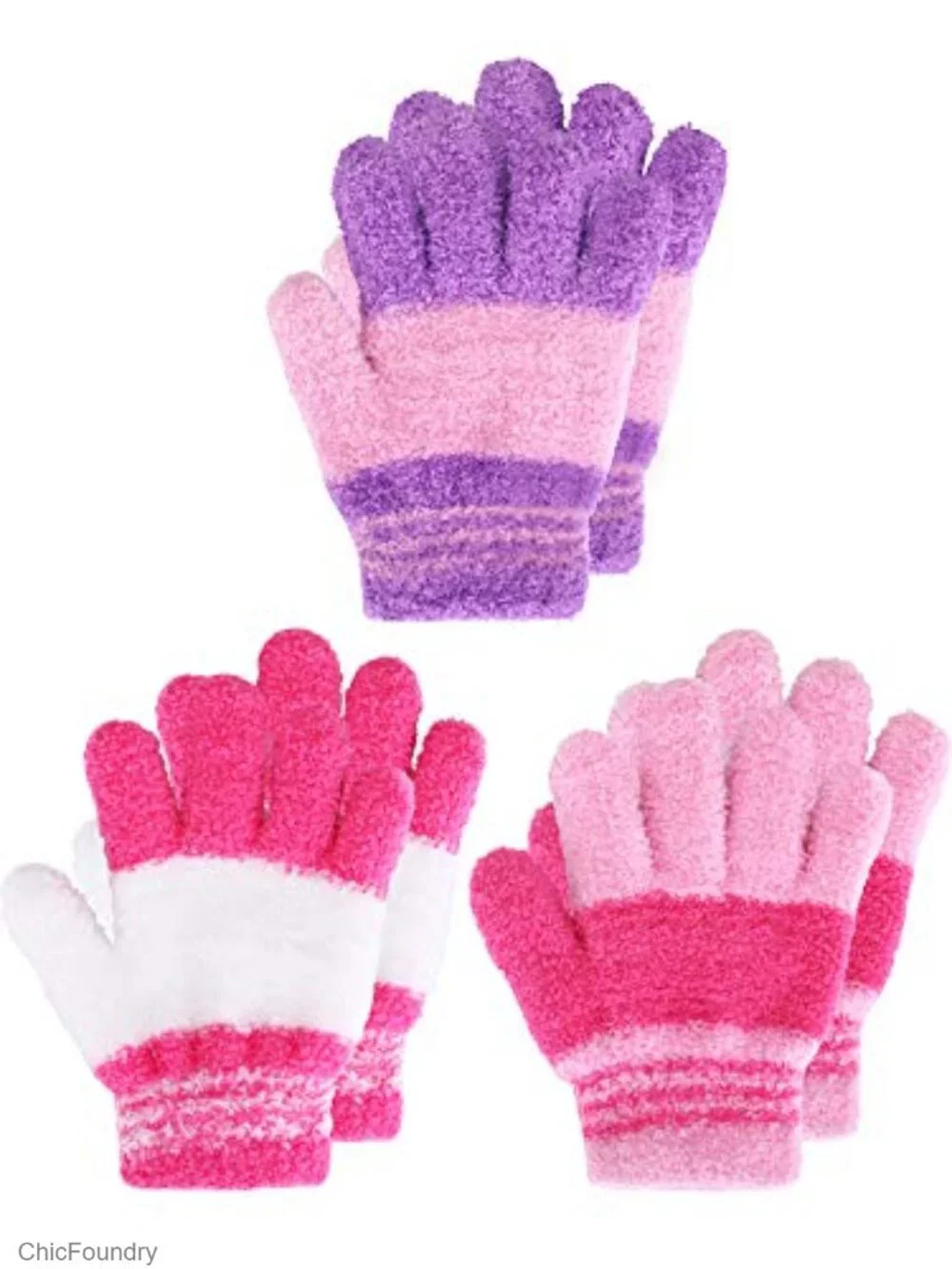 3 Pairs Winter Knit Gloves for Kids Stretchy Full Finger Fluffy Mittens 1-11